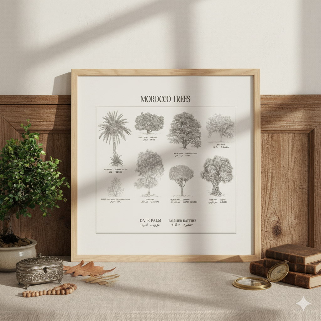 Affiche : planche botanique de 8 arbres du Maroc, collection Morocco Trees