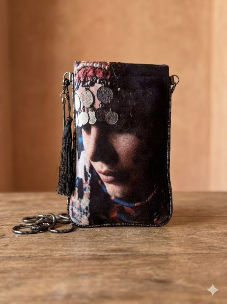 The 'Desert Muse' Velvet Phone Crossbody | Berber Portrait & Chain Detail