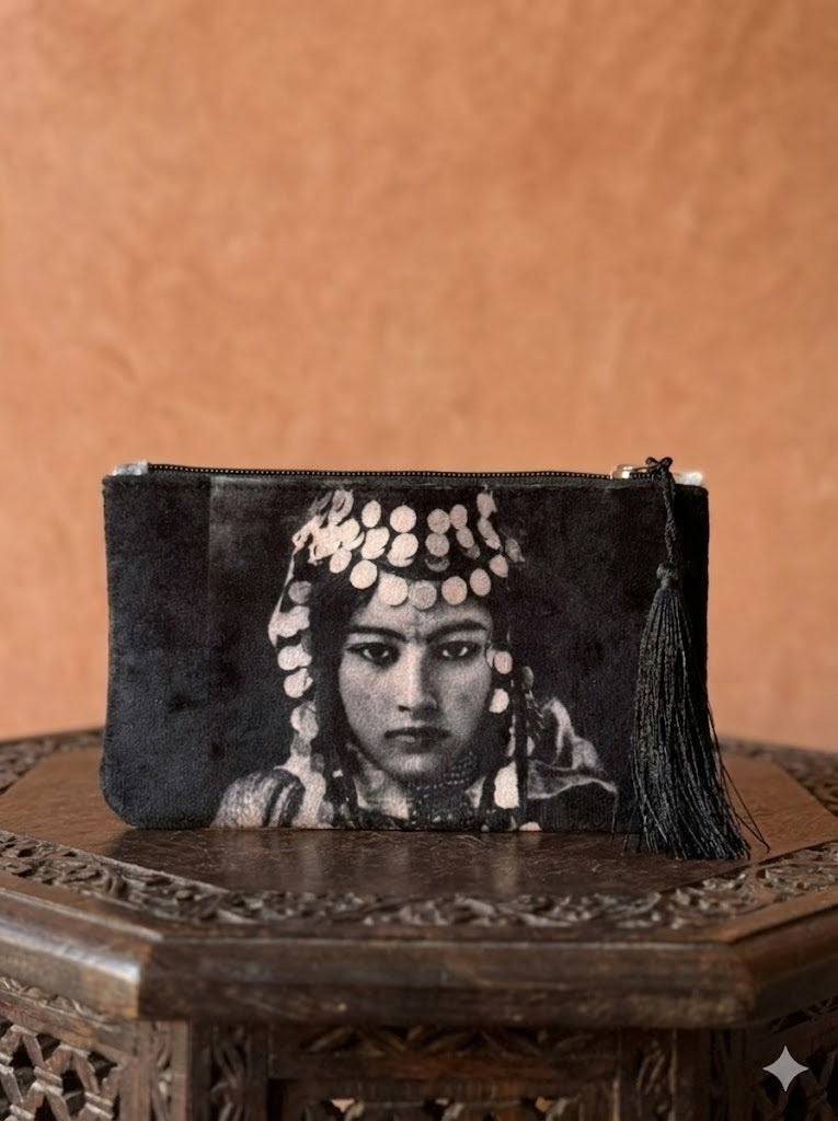 The 'Noir Heritage' Velvet Clutch | Berber Portrait & Tassel Pouch