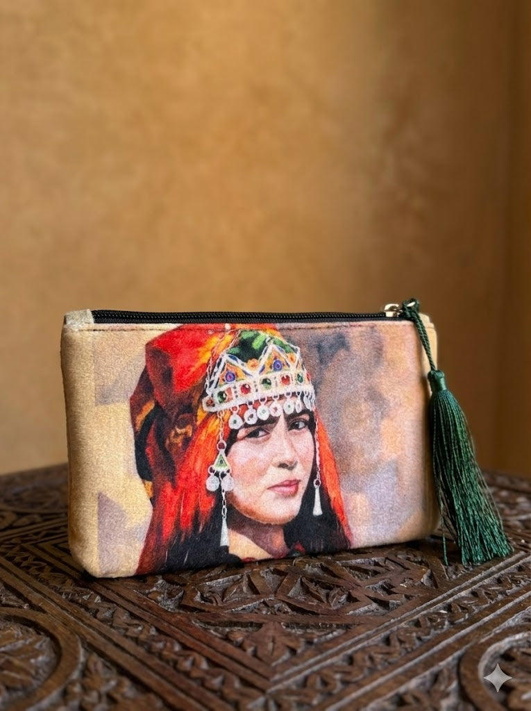 The 'Tribal Radiance' Velvet Pouch | Berber Portrait & Emerald Tassel